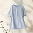 thumbnail image 2 of Wyobmus Women's Loose Cotton Linen Tops Summer Casual Blouse Round Neck Rolled Short Sleeve Bowknot Long Shirt S-2X A-Light Blue, 2 of 4