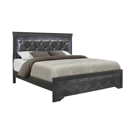 Full Bed Frame with LED Lighting Metallic Grey Polyester Upholstered Panel Bed with Crystal Inspired Tufted Padded Headboard Solid Wood and MDF Construction for Contemporary Bedroom