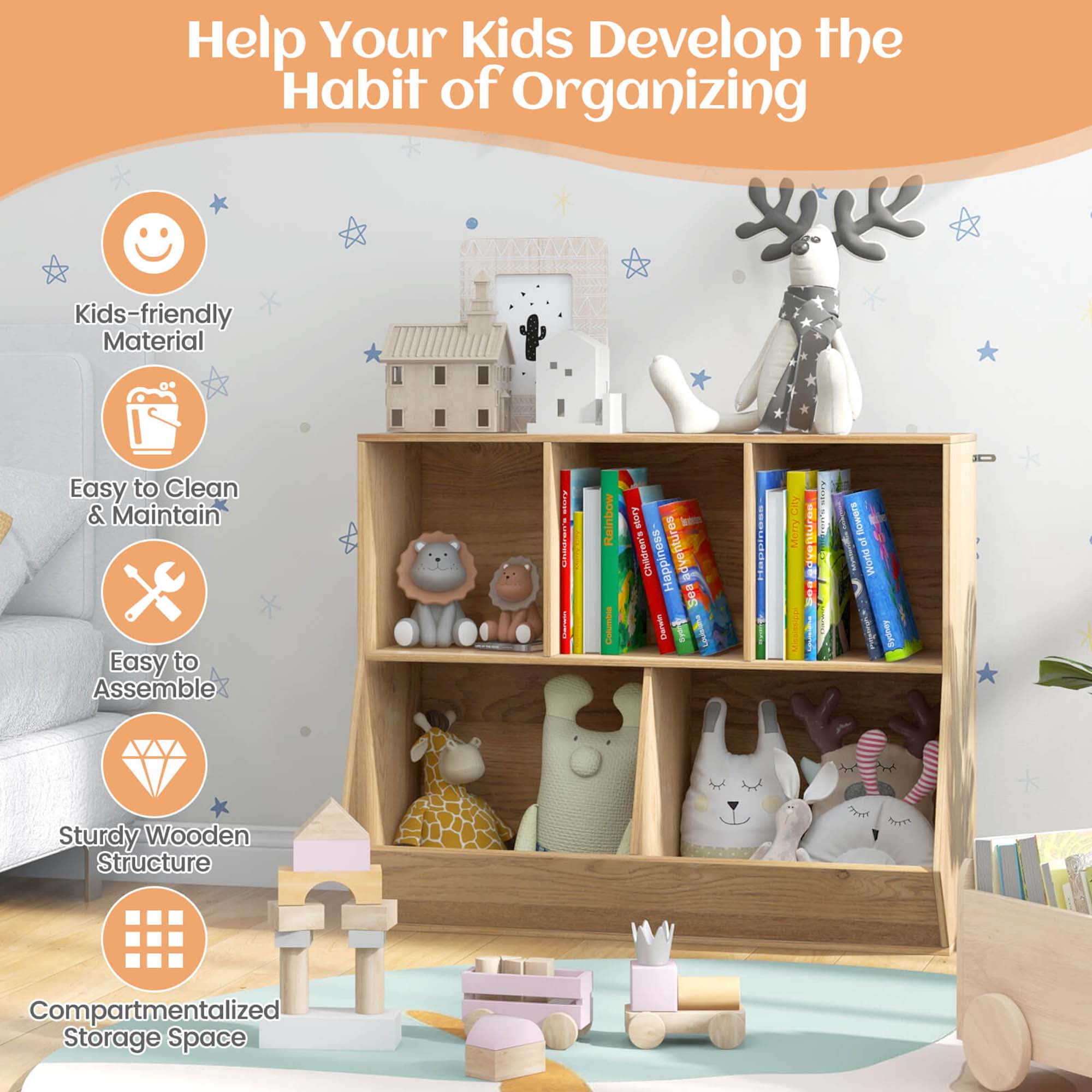 Costway Storage Organizer Kids Bookcases, Wood Natural, 35.5''x16''x30'', 38.5 lb