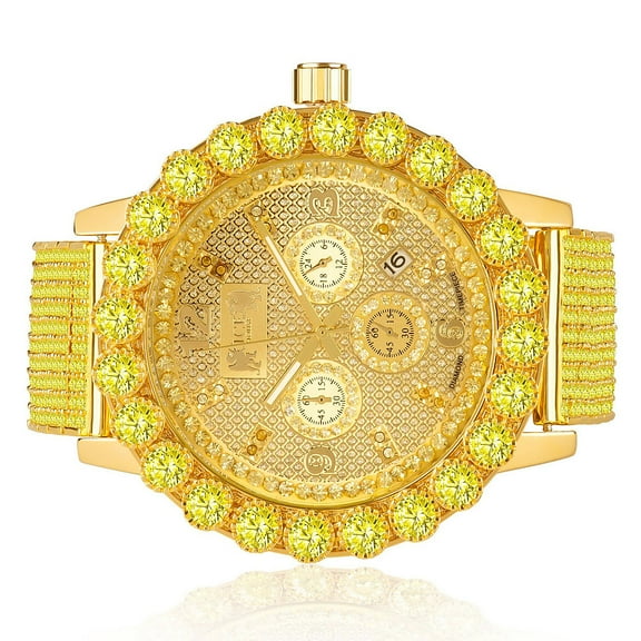 Canary Iced Out Solitaire Bezel 10 Row Custom Band Khronos Genuine Diamond Dial Gold Tone Jo Rodeo Watch W/Date Function