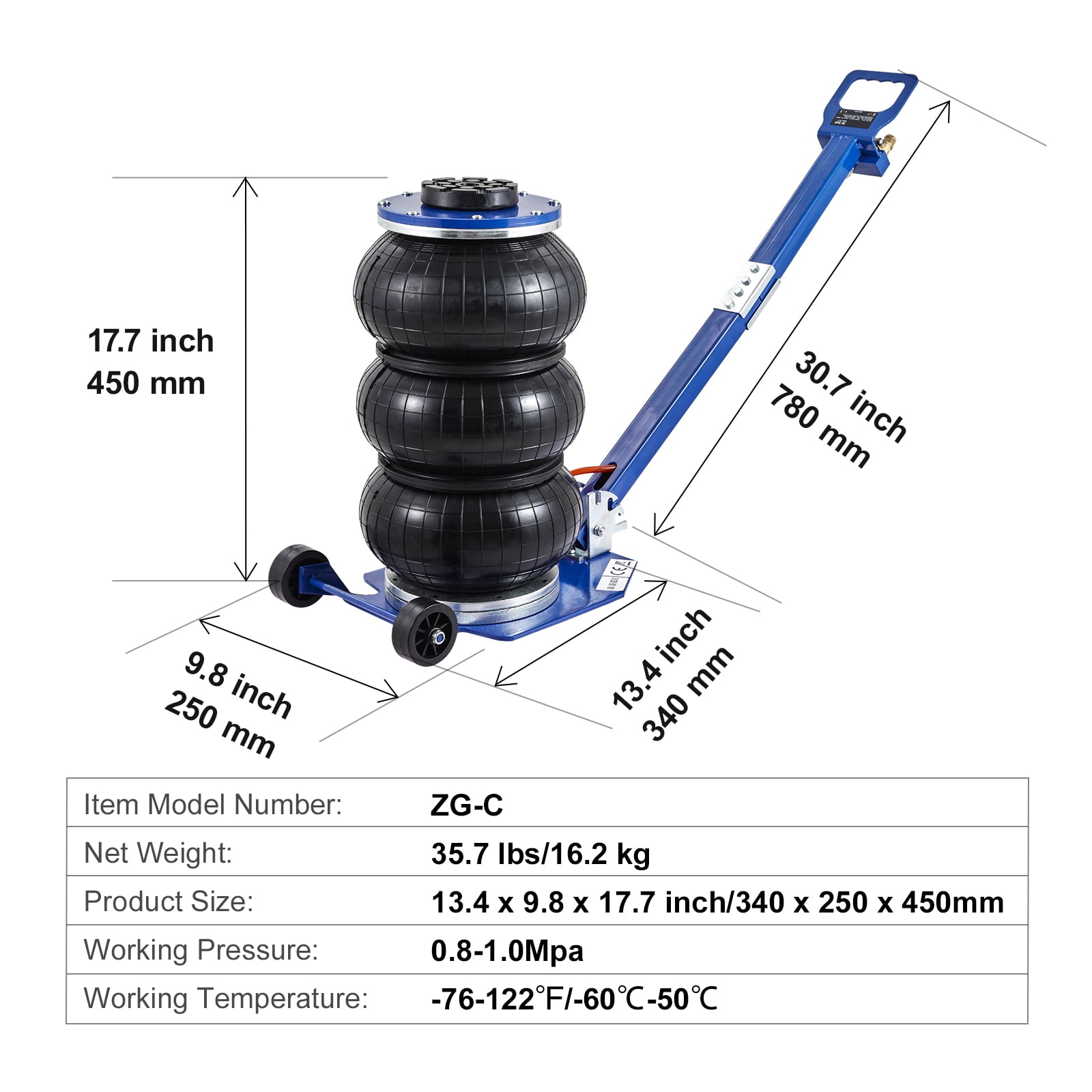 VEVOR Air Jack, 3 Ton/6600 lbs Triple Bag Air Jack, Airbag Jack with Six Steel Pipes, Lift up to 17.7", 3-5 s Fast Lifting Pneumatic Jack, with Adjustable Long Handles for Cars, Garages, Repair