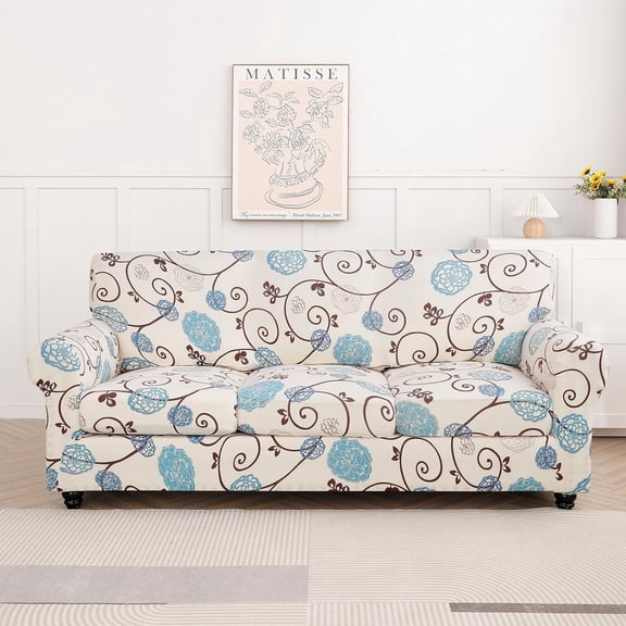 SearchI Stretch Sofa Cover Printed Couch Cover, Floral Pattern 4 Pieces Sofa Slipcover with 3 Separate Cushion Cover, Washable Furniture Protector for Living Room(Sofa, Ball Flower)