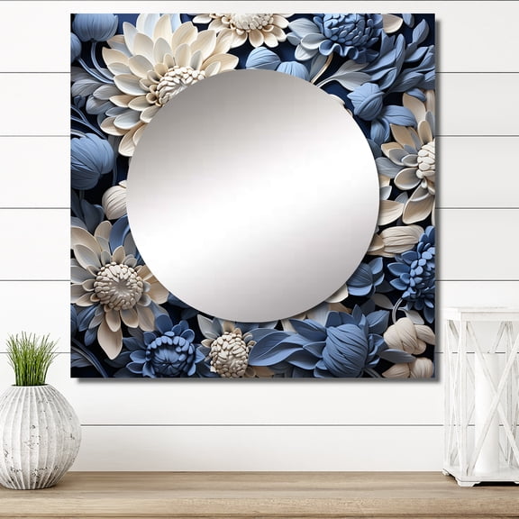 Designart "Blue Accents: The Beauty Of White And Blue Mums" Chrysanthemums Square Mirror For Wall Decor - Large Blue Square Printed Wall Mirror Art - Wall Mounted Square Mirror