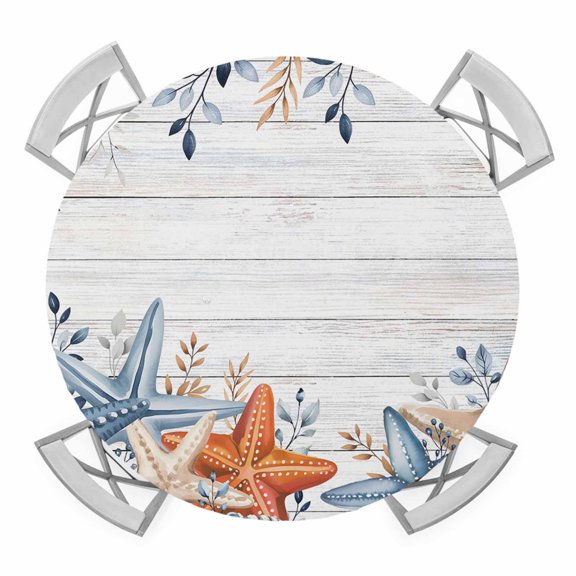 Elastic Fitted Round Tablecloth, Orange Blue Starfish Coastal Waterproof Stretch Table Cover for 55"-60" Tables, Summer Beach Eucalyptus Retro Washable Outdoor Tablecloths for Patio, Picnic, Camping