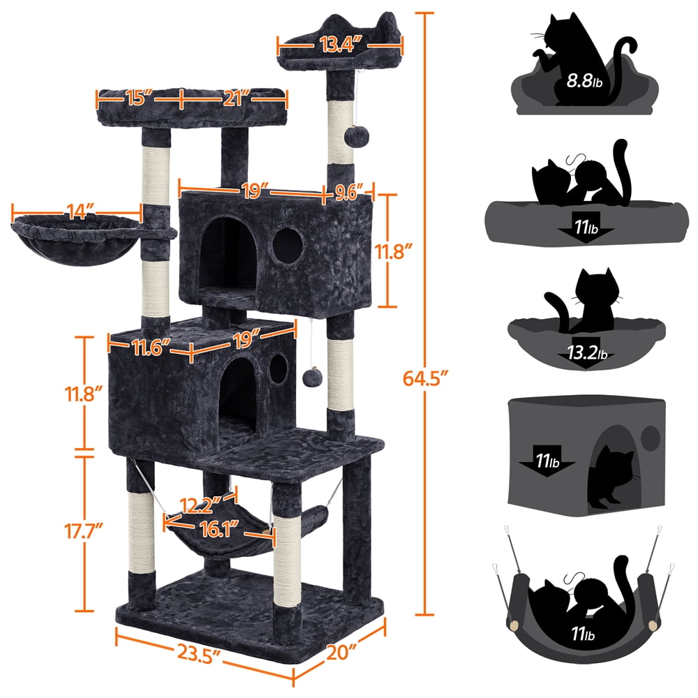 Alden Design 64.5"H Multi-level Cat Tree Tower with Condos and Perches, Black