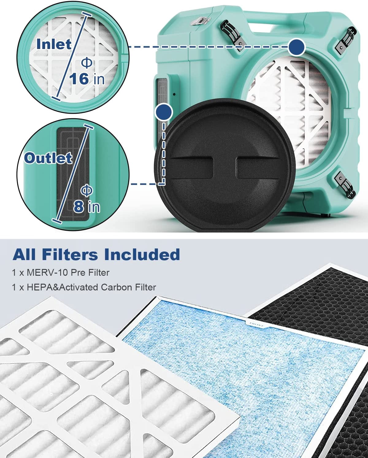 ALORAIR HEPA Pro 770 Industrial Air Scrubber, Air Purifier, 3-Stage Filtration System for Water Damage Restoration Interior Decoration, Green