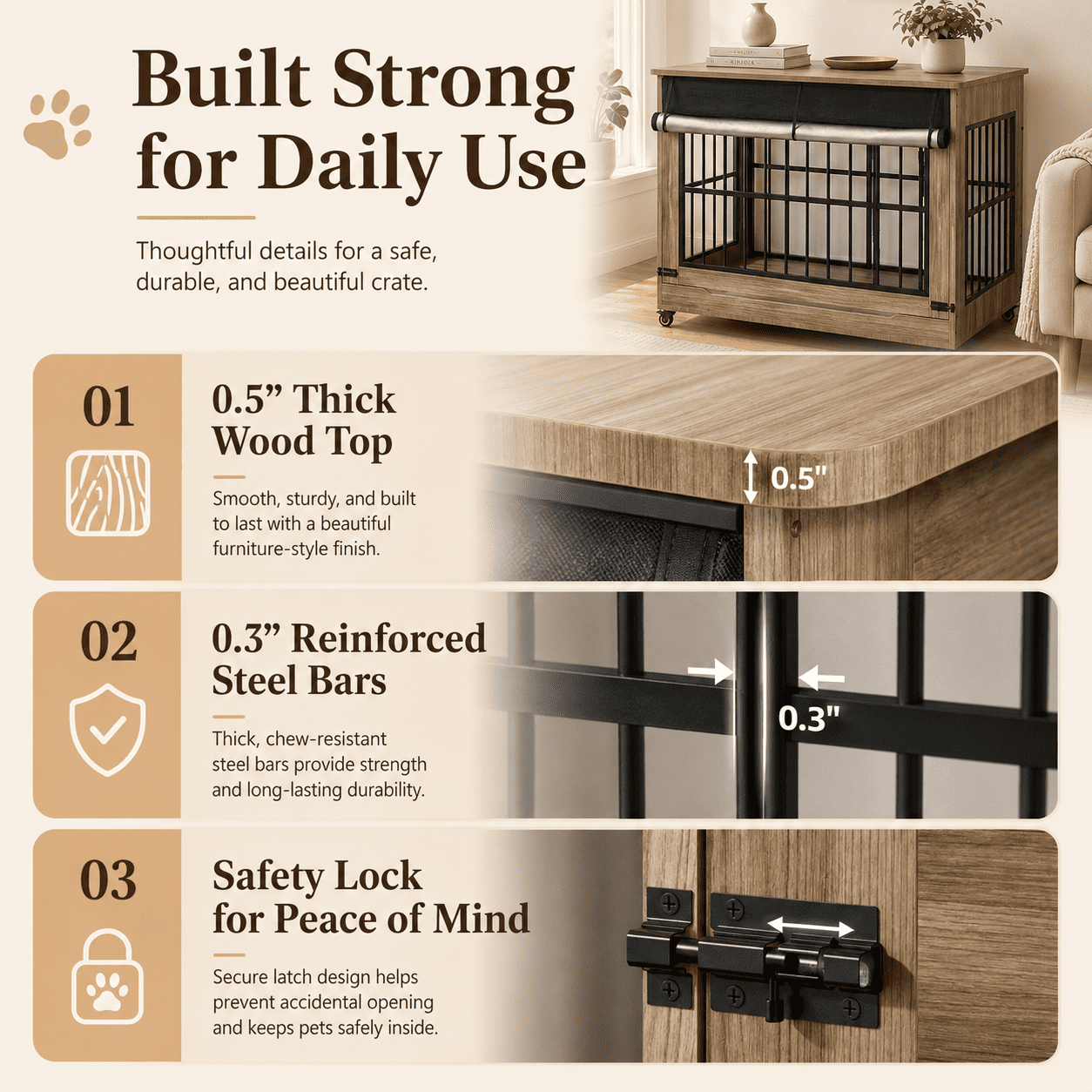 Aukfa 46-Inch Large Dog Crate Furniture, Indoor Dog Kennel Decorative Pet Cage End Table, Lift-Up Door, Curtain & Wheels,Greige