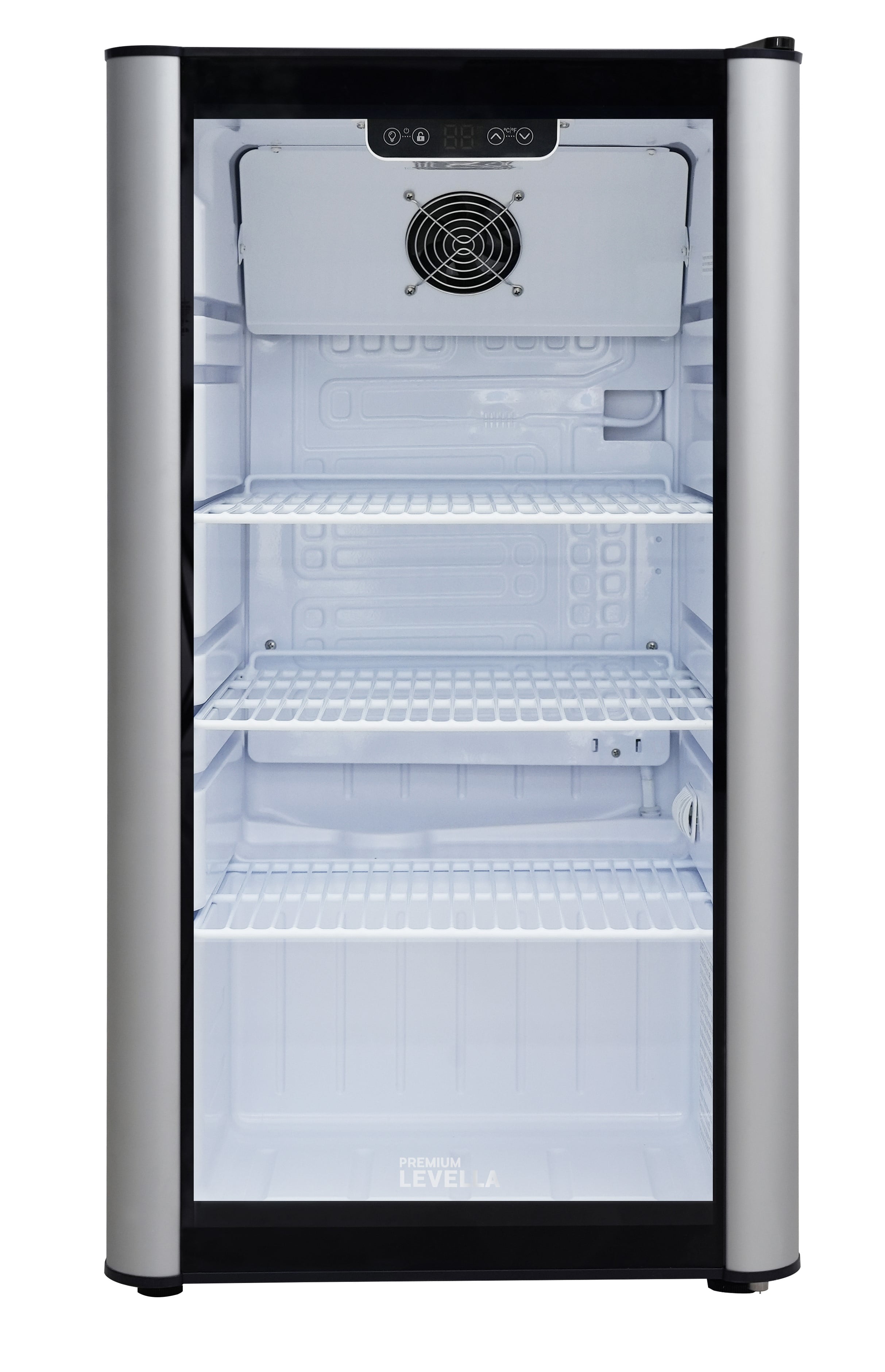 Premium Levella PRF36DX Glass Door Display Refrigerator 3.1 cu ft Commercial Beverage Cooler Merchandiser - Silver