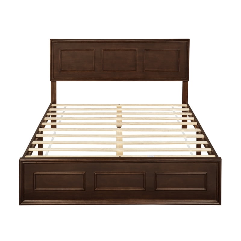 Vintage Queen Size Platform Bed with Adjustable Height Headboard, Wooden Low-Profile Bed Frame with Under-Bed Storage
