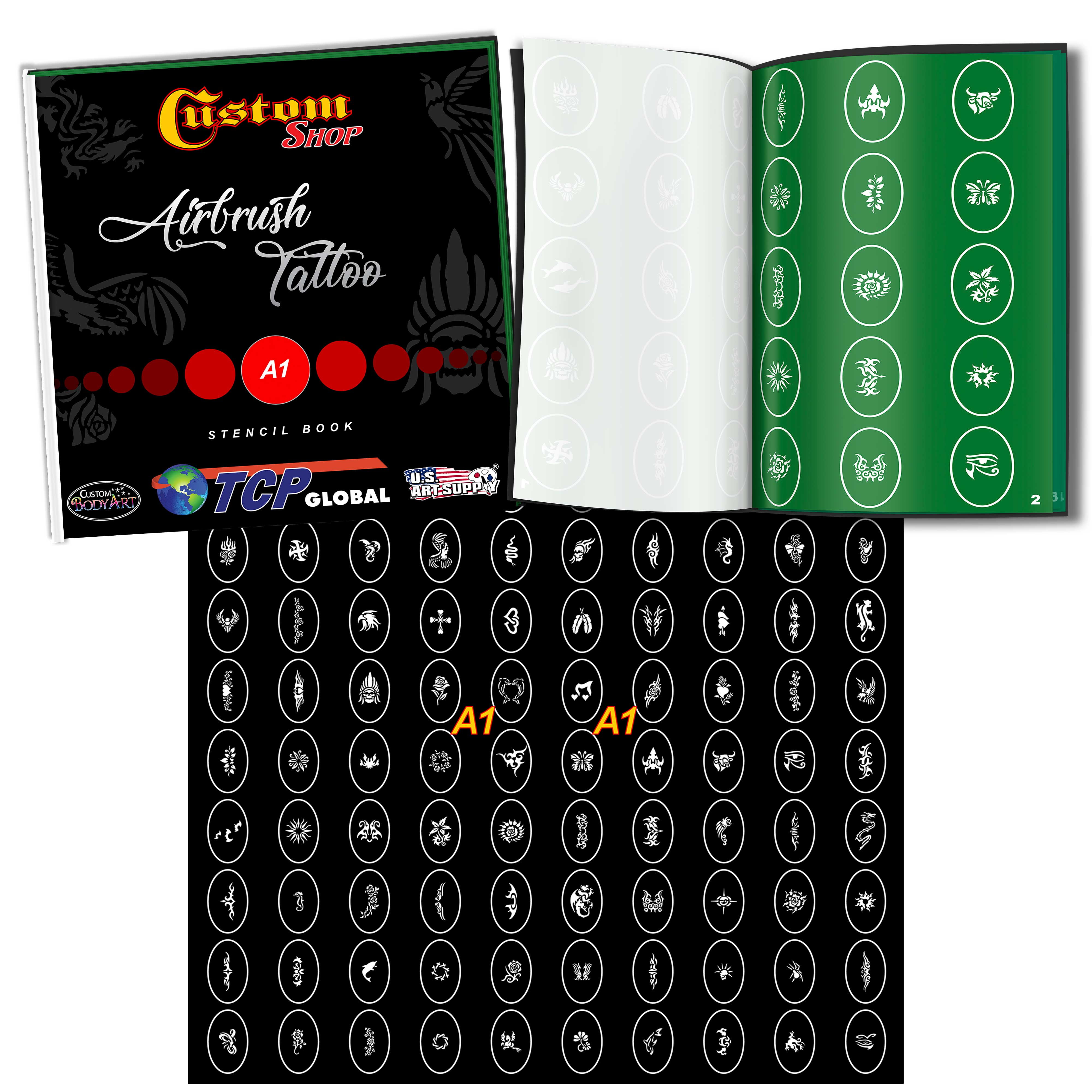 Master Airbrush Tattoo System 3 Airbrushes, Air Compressor, Book of 100 Stencils, 6' Hose, Airbrush Holder, 3 Quick Couplers, Black, Red & Blue Temporary Tattoo Ink