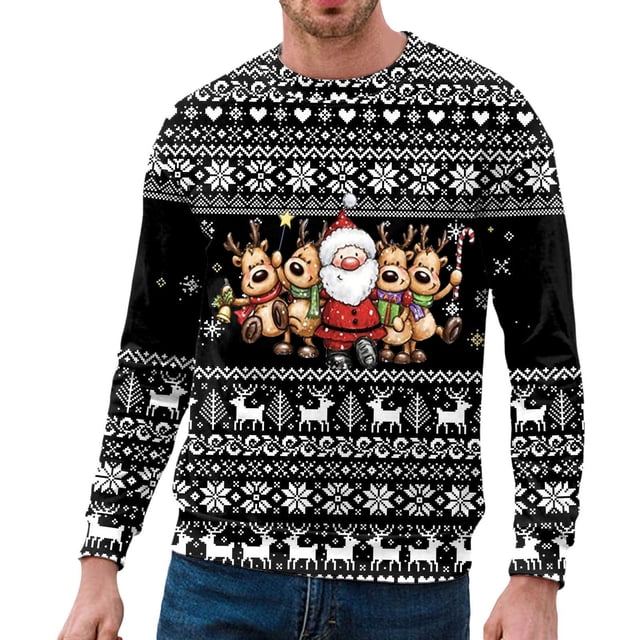 NLLSHGJ Chandails à Capuche de Créateur pour Hommes Mode Automne et Hiver Tendance Décontractée Chandail Imprimé de Noël Col Rond Chandail Gris Col Rond Chandails Graphiques pour Hommes
