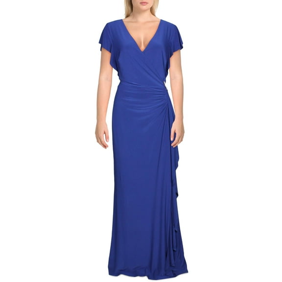 Lauren Ralph Lauren Womens Ruched Surplice Formal Dress Blue 4