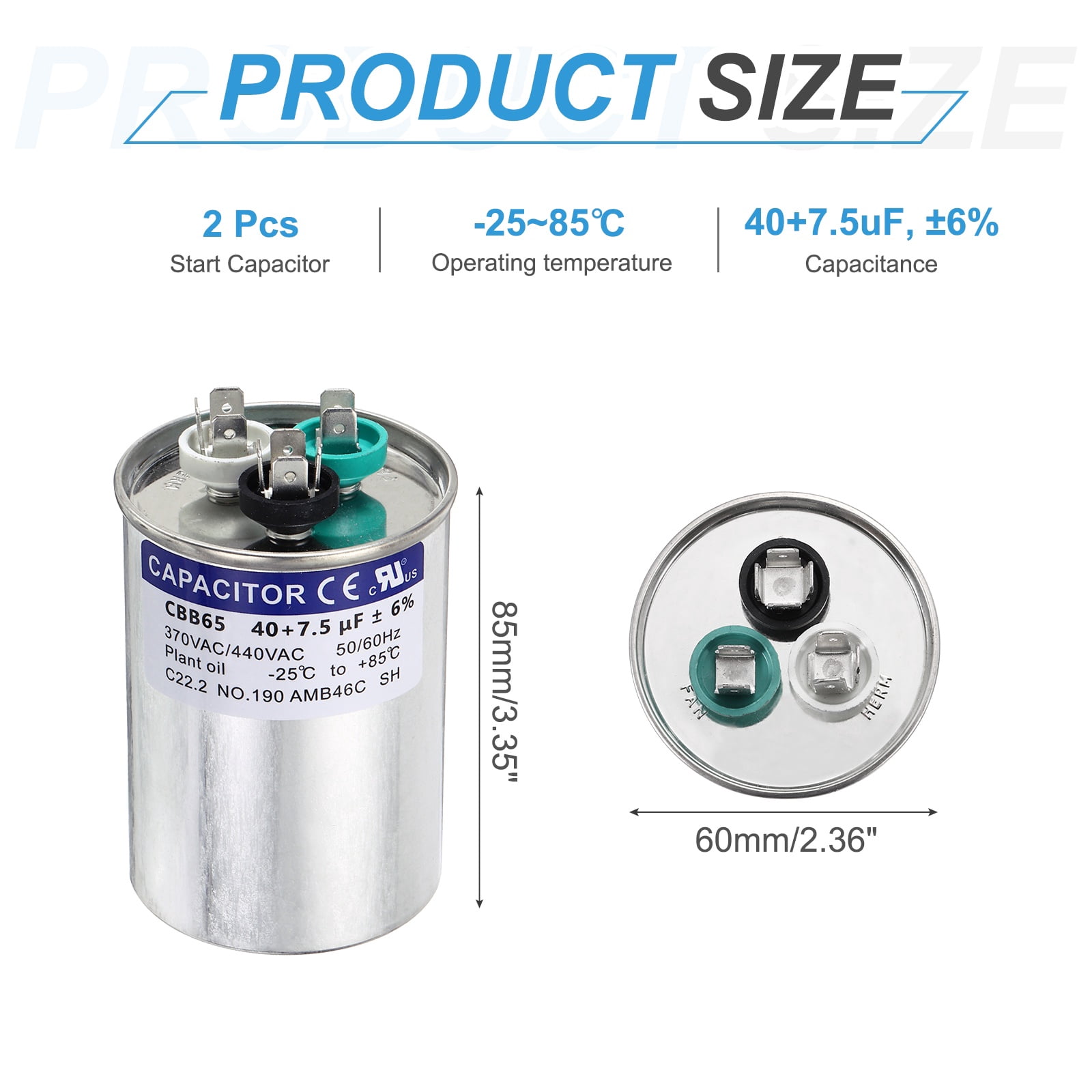 Uxcell 2Pcs 40+7.5MFD CBB65 Run Start Capacitor 40+7.5uF, 370/440V Round AC Capacitor for AC Motor Run, HVAC, Air Conditioner, Condenser Motors