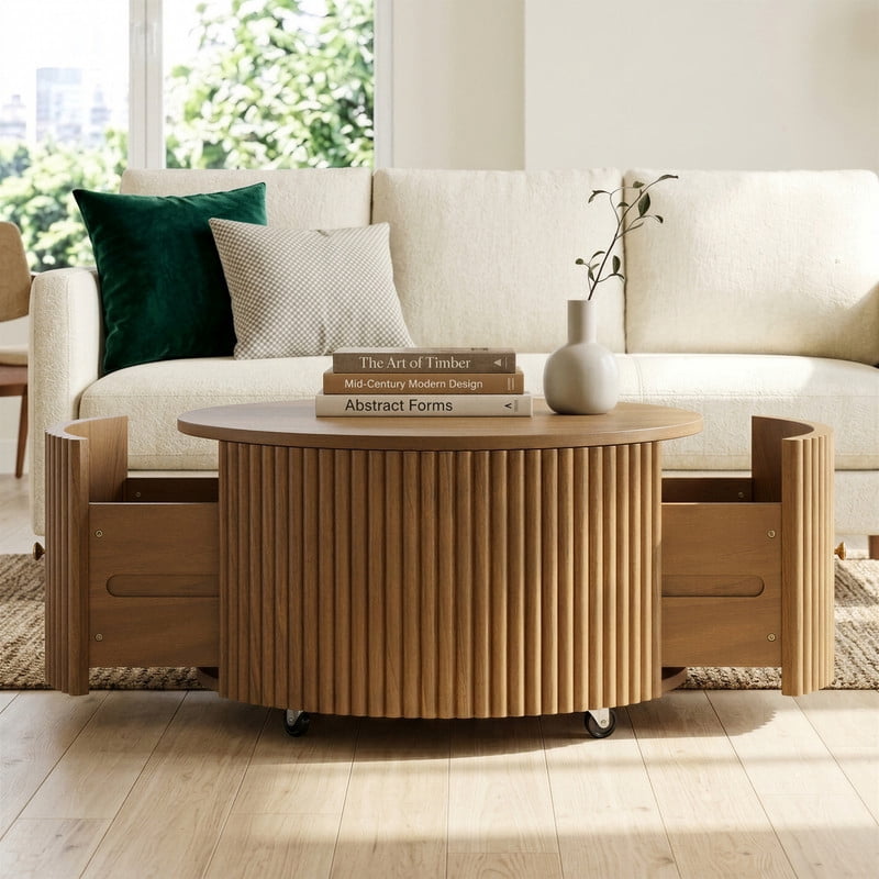 30.3'' Round Fluted Design Coffee Table with Rolling Casters & Dual Hidden Storage Drawers, Drum Base Center Cocktail Table