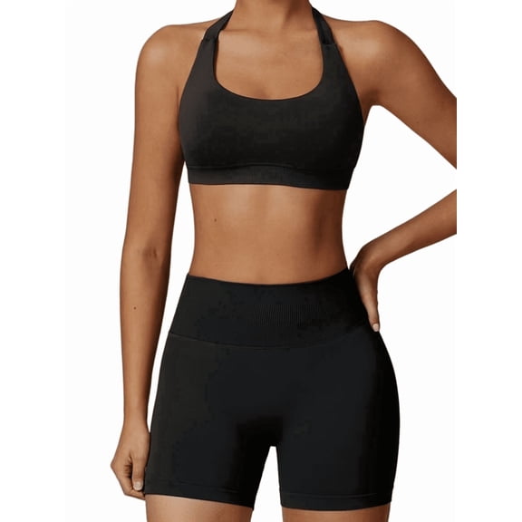 JYTJYT Women's 2 Piece Seamless Workout Set, Halter Sports Bra & High Waist Shorts, Gym Yoga Exercise Outfit, Black, L