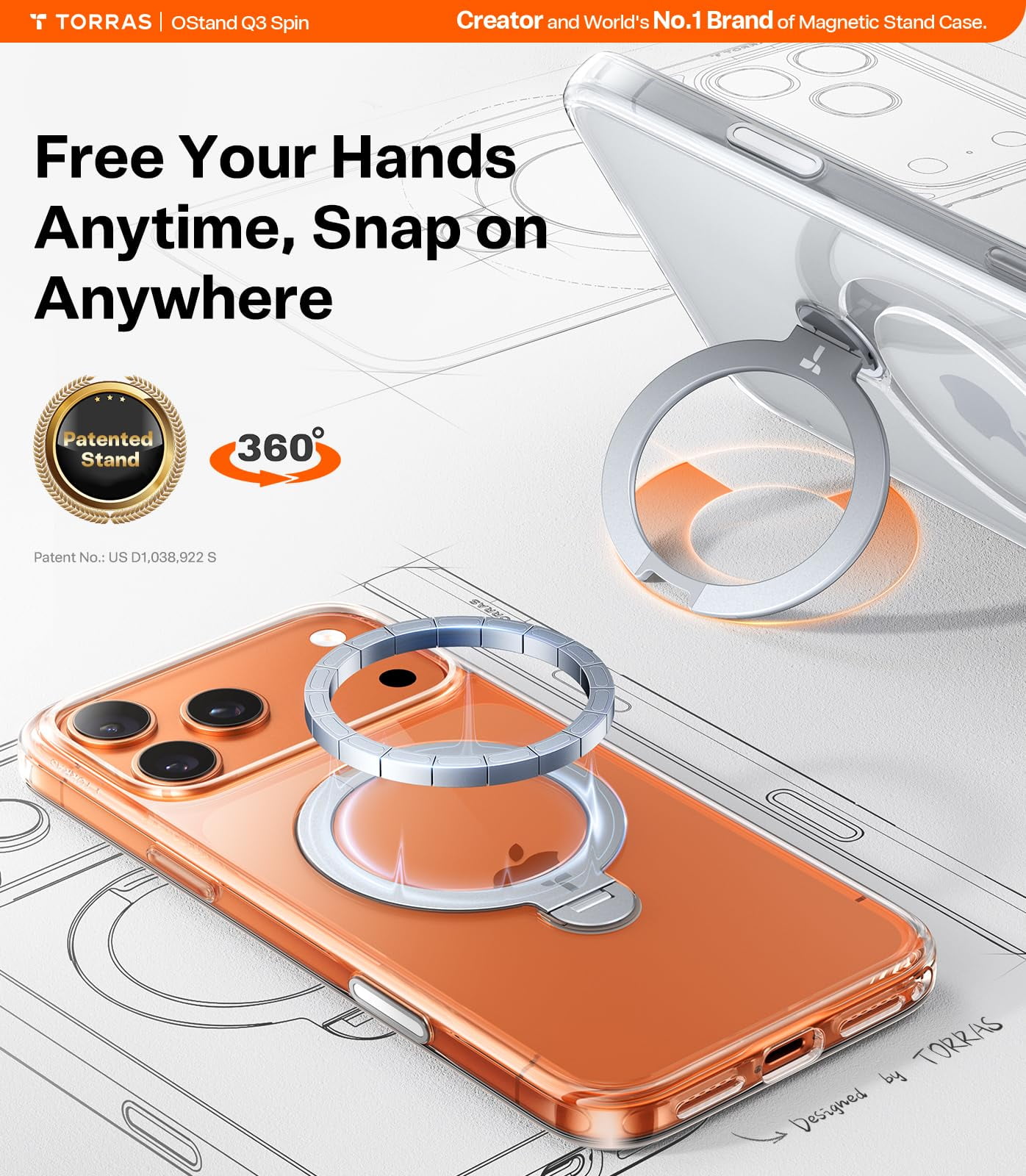 TORRAS Q3 Spin for iPhone 17 Pro Case, Patented 360 Magnetic Stand, Fit for MagSafe, Built-in Ring Holder Kickstand, Mil-Grade Protective Case for iPhone 17 Pro, Camera Control, Clear