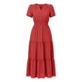 thumbnail image 5 of Bysome Women Dresses Solid Color Short Sleeve V-Neck Pleated Flowy Dress Summer Comfortable Women Dress Size 2XL Red, 5 of 5