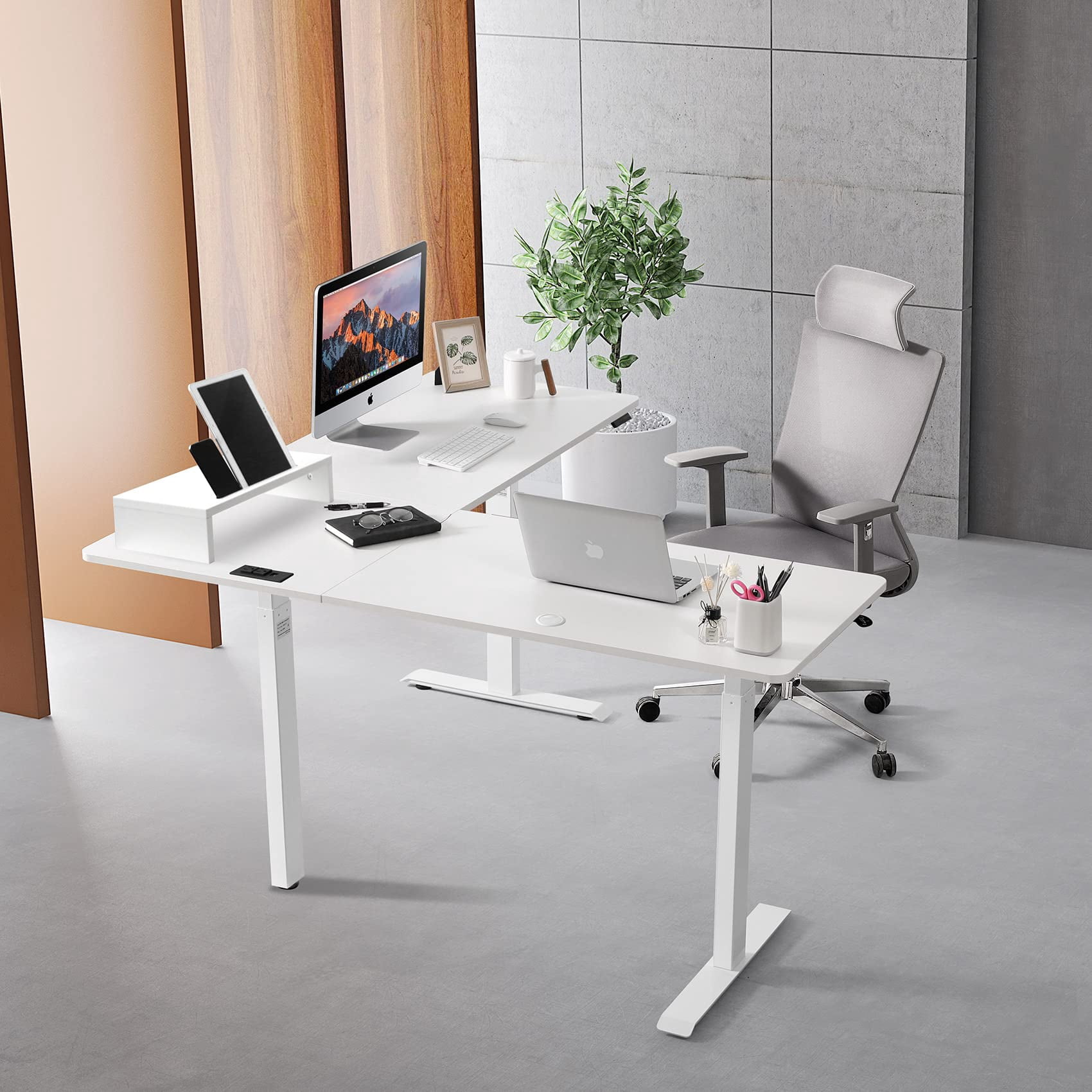 UNICOO® L-Shaped Triple Motor Electric Height Adjustable Standing Desk - Gaming & Home Office Corner Desk, with Easy Touch Control & Solid Steel Construction (White Top/White Frame - XOT-L3E-WW)