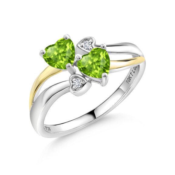 Gem Stone King 925 Silver and 10K Yellow Gold Green Peridot and White Lab Grown Diamond Ring for Women (1.02 Cttw, August Birthstone, Heart Shape 5MM, Size 9)