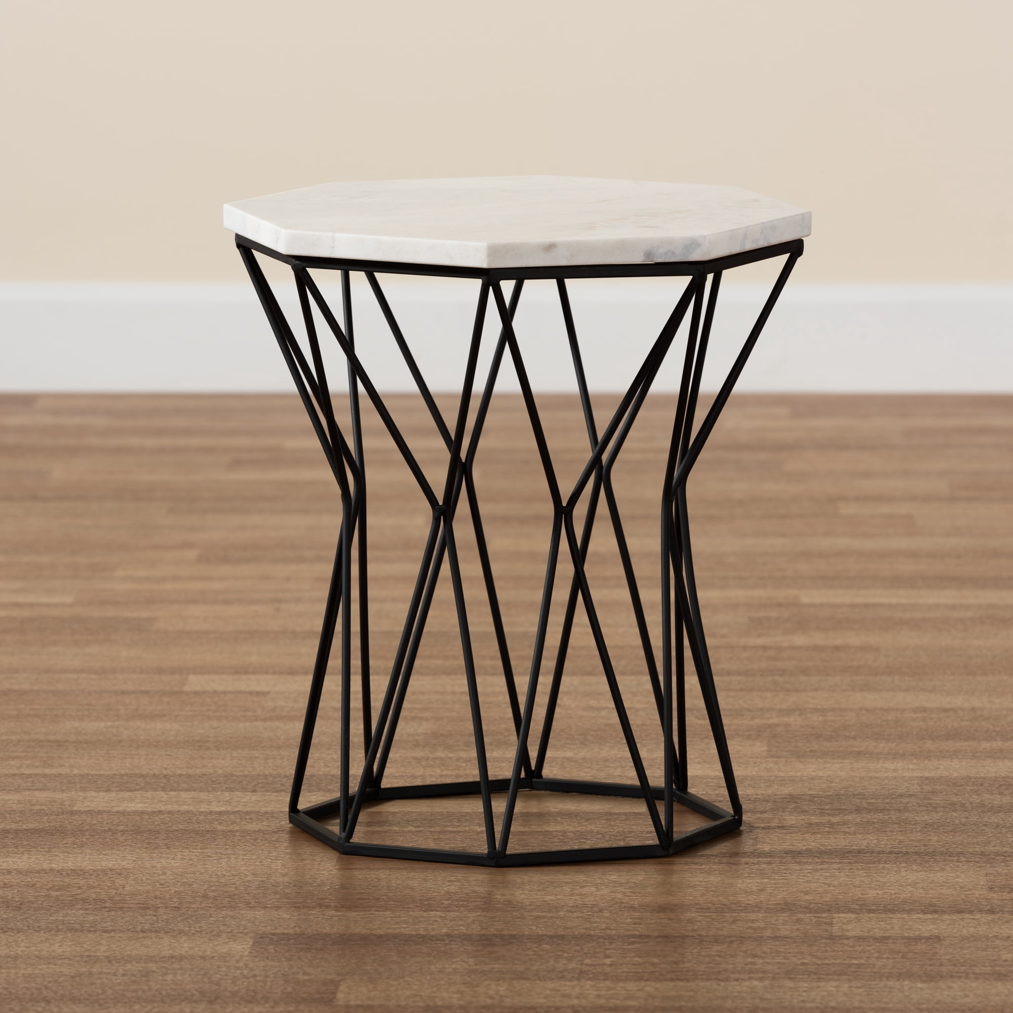 Baxton Studio Venedict Modern and Contemporary Black Metal End Table with Marble Tabletop