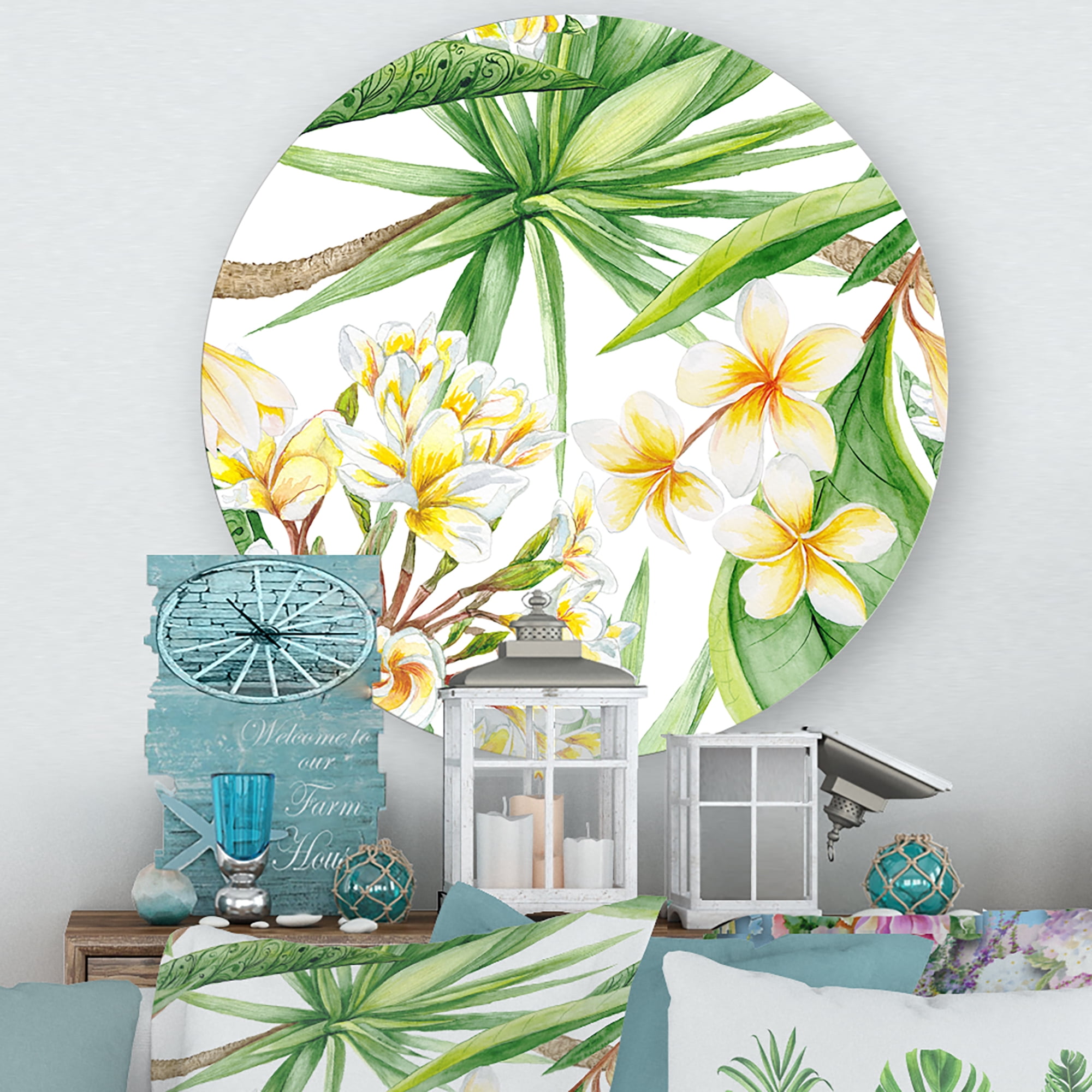 Designart 'Yellow Flowers and Tropical Foliage I' Modern Circle Metal Wall Art 23x23 - Disc of 23