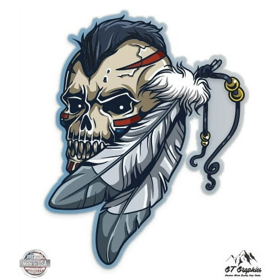 Native American Skull - 3" Vinyl Sticker - For Car Laptop I-Pad Phone Helmet Hard Hat - Waterproof Decal