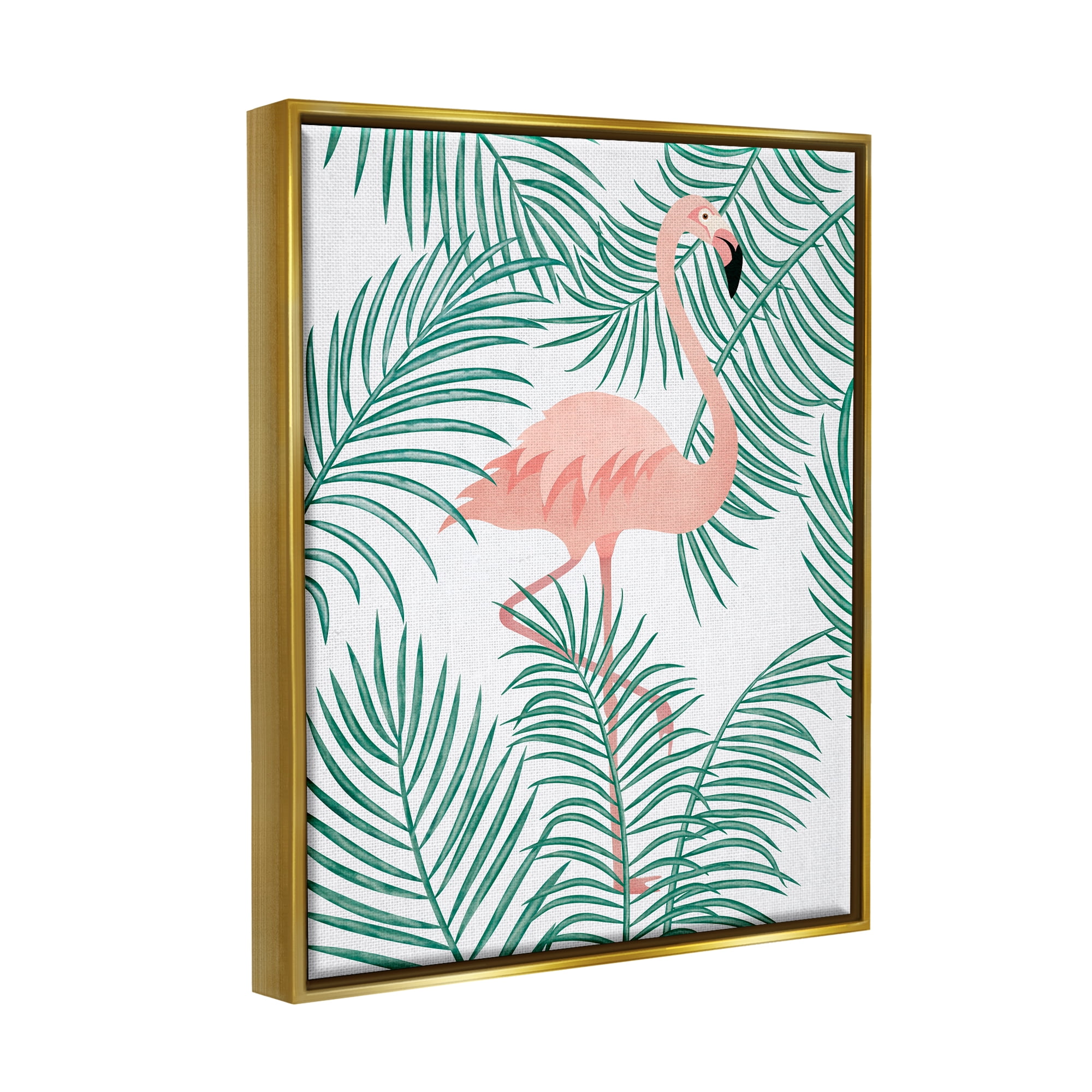 Stupell Flamingo Perched Tropical Palm Leaves Landscape Painting Gold Floater Framed Art Print Wall Art