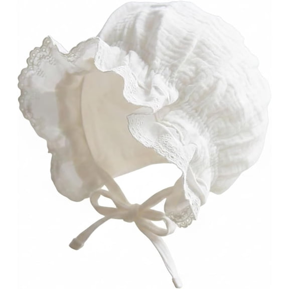 TELOLY Baby Girl Cotton Muslin Bonnet-Vintage Ruffle Lace Newborn Sun Hat Adjustable Chin Vintage Ruffle Lace Baby Bonnet