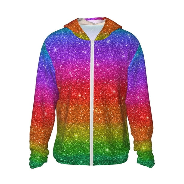 Balery Rainbow Glitter Sudadera ligera de manga larga con capucha y protección solar UPF 50+ para hombre y mujer, ideal para pesca y running-3X-Large