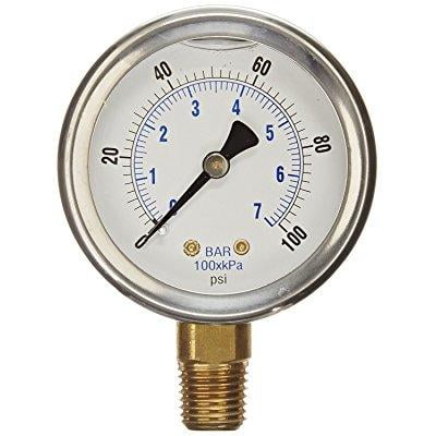 - new stainless steel liquid filled pressure gauge wog water oil gas 0 to 100 psi lower mount 0-100 psi 1/4 npt 2.5 face dial for compressor hydraulic air tank