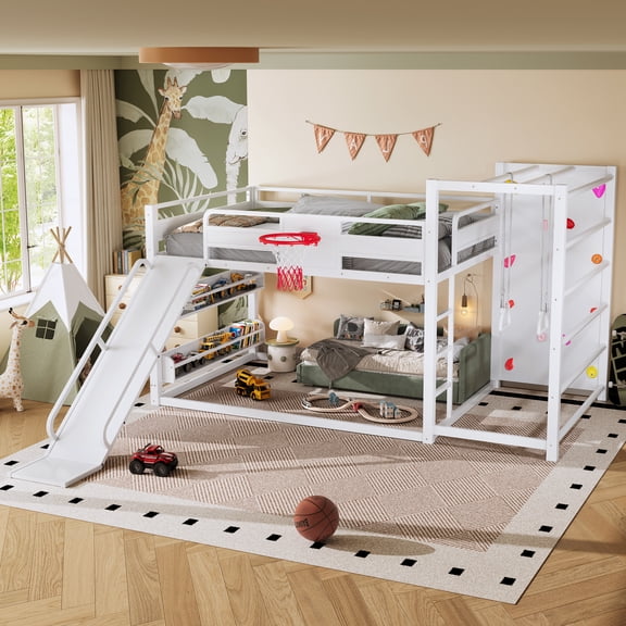 CZBZ Full Size Metal Loft Bed with Slide & Basketball Hoop, Loft Bed with Climbing Wall, Pull-up Rings & Bookshelves, No Box Spring Needed, Noise Free, Easy Assembly, 350LBS Capacity