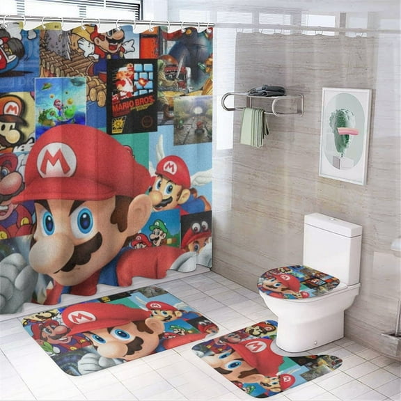 Mario 4PCS Shower Curtain Bathroom Set with Rugs, Toilet Lid Cover And Bath Mat, Shower Curtain with 12 Hooks, Durable Bathroom Decor Set