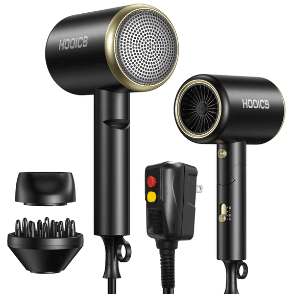 HOOICB Hair Dryer, Professional Ionic Blow Dryer with Diffuser and Concentrator Nozzle, Foldable Design, Fast Drying and Styling, Black
