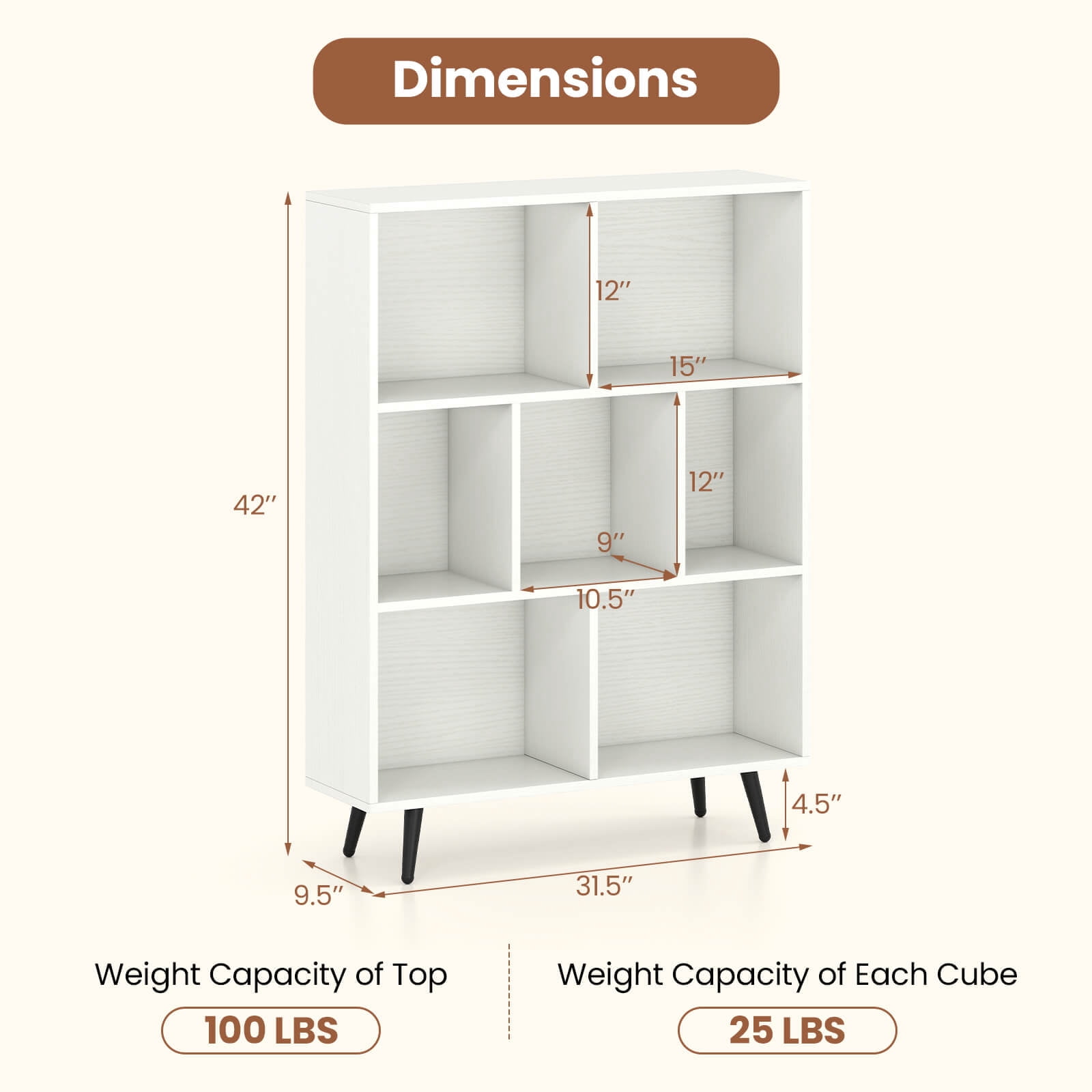 Costway 7 Cube Bookcase 3-Tier Modern Storage Organizer with 4 Metal Legs Bookshelves