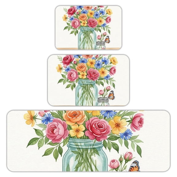 RKSupls Kitchen Rug Set 3 Piece Anti-Slip Flannel Floor Mats, Watercolor Flower Washable Absorbent Runner Mats for Kitchen Bathroom Home Decor