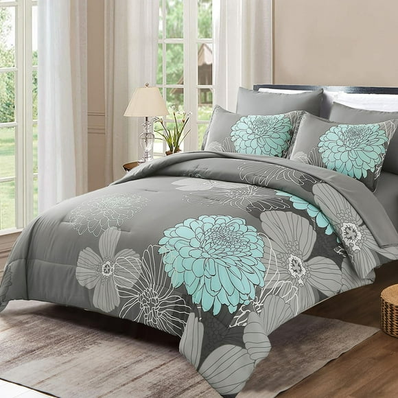 7 Pieces Bed in a Bag Floral Comforter Set Queen Flowers Bedding Set Soft Microfiber Comforter Sets with 1 Comforter 1 Flat Sheet 1 Fitted Sheet 2 Pi