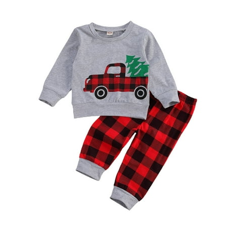 

COUTEXYI 2 Pcs Infant Christmas Outfits Toddler Long Sleeve Round Neck Cartoon Car Print Pullover + Plaid Trousers