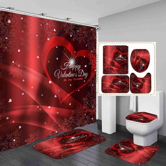 Juego de 4 cortinas de ducha románticas para el día de San Valentín, con alfombra antideslizante y ganchos, juego de cortinas de baño, regalo decorativo para el hogar de San Valentín (dorado)
