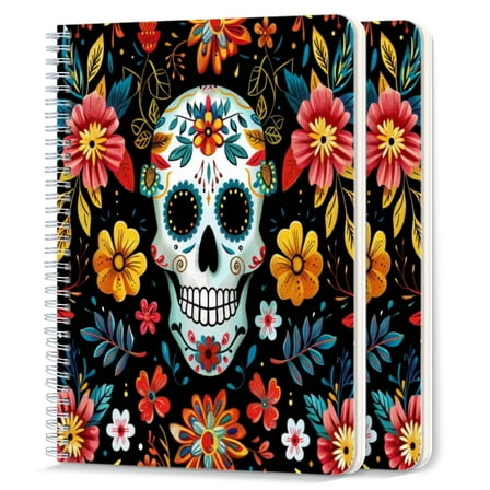 Spiral Notebook,College Ruled Journal,8.26" x 5.71" 50 Sheets/100 Pages,2 Pack - Day of The Dead Skull With Colorful Flowers And Leaves