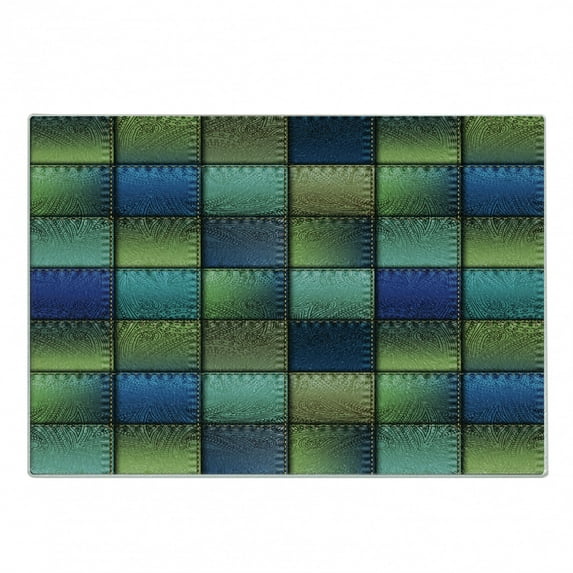 Colorful Cutting Board, Modern Geometric Bohemian Paisley Details in Square Shaped Backdrop Pieces Art, Decorative Tempered Glass Cutting and Serving Board, Small Size, Blue Green, by Ambesonne