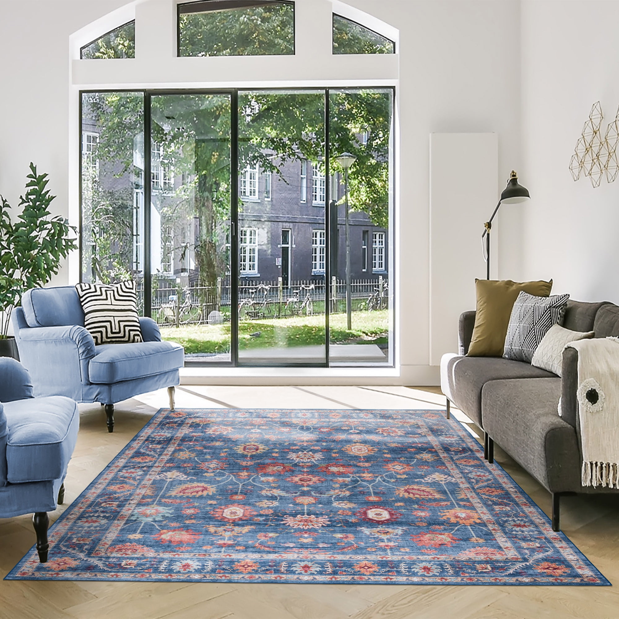 Crystal Print Cullen Traditional Oriental Blue Washable Indoor Area Rug, 5x7