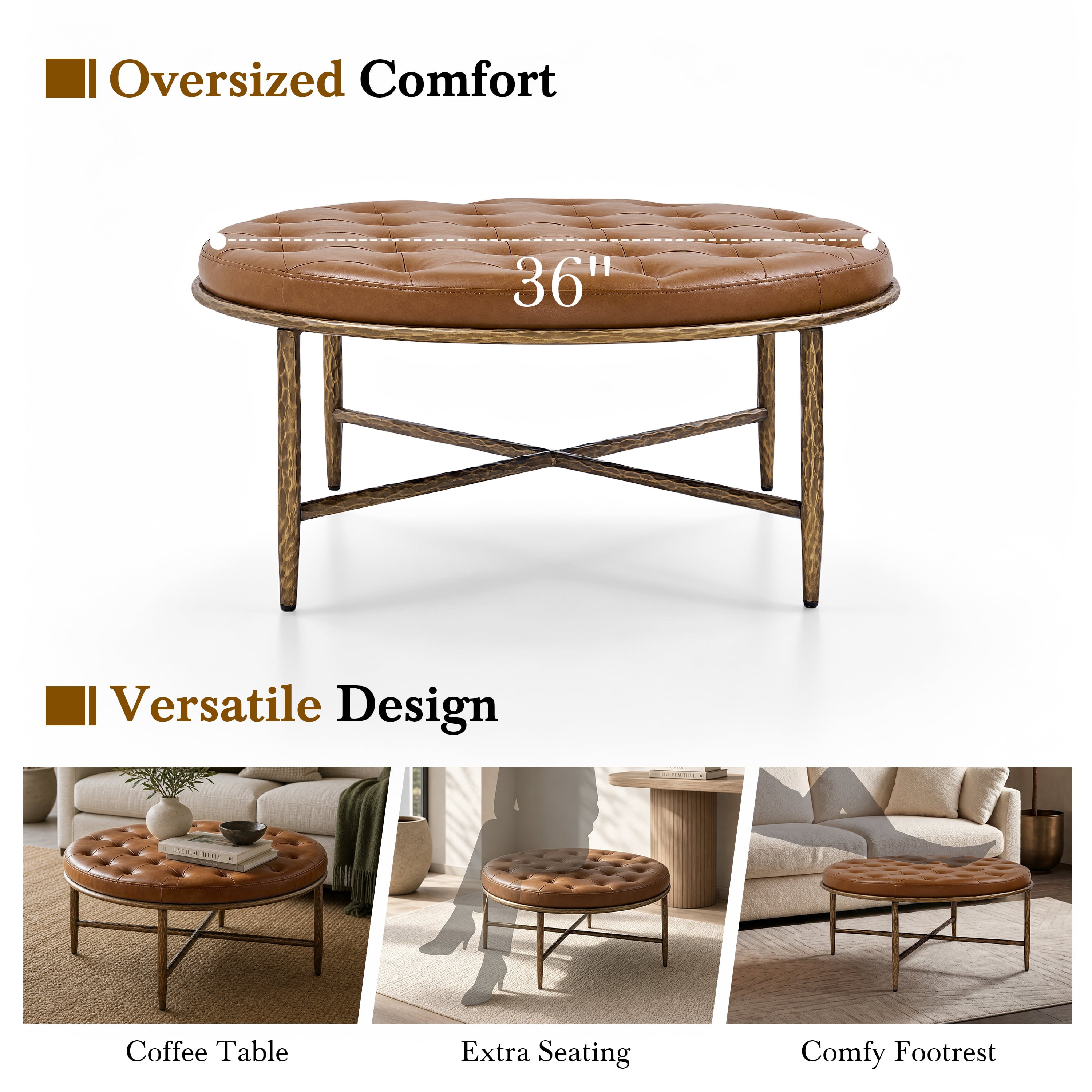 GARITIN Round Tufted Ottoman 36 Inch, Large Upholstered Footstool Coffee Table with Hammered Metal Frame for Living Room, Brown