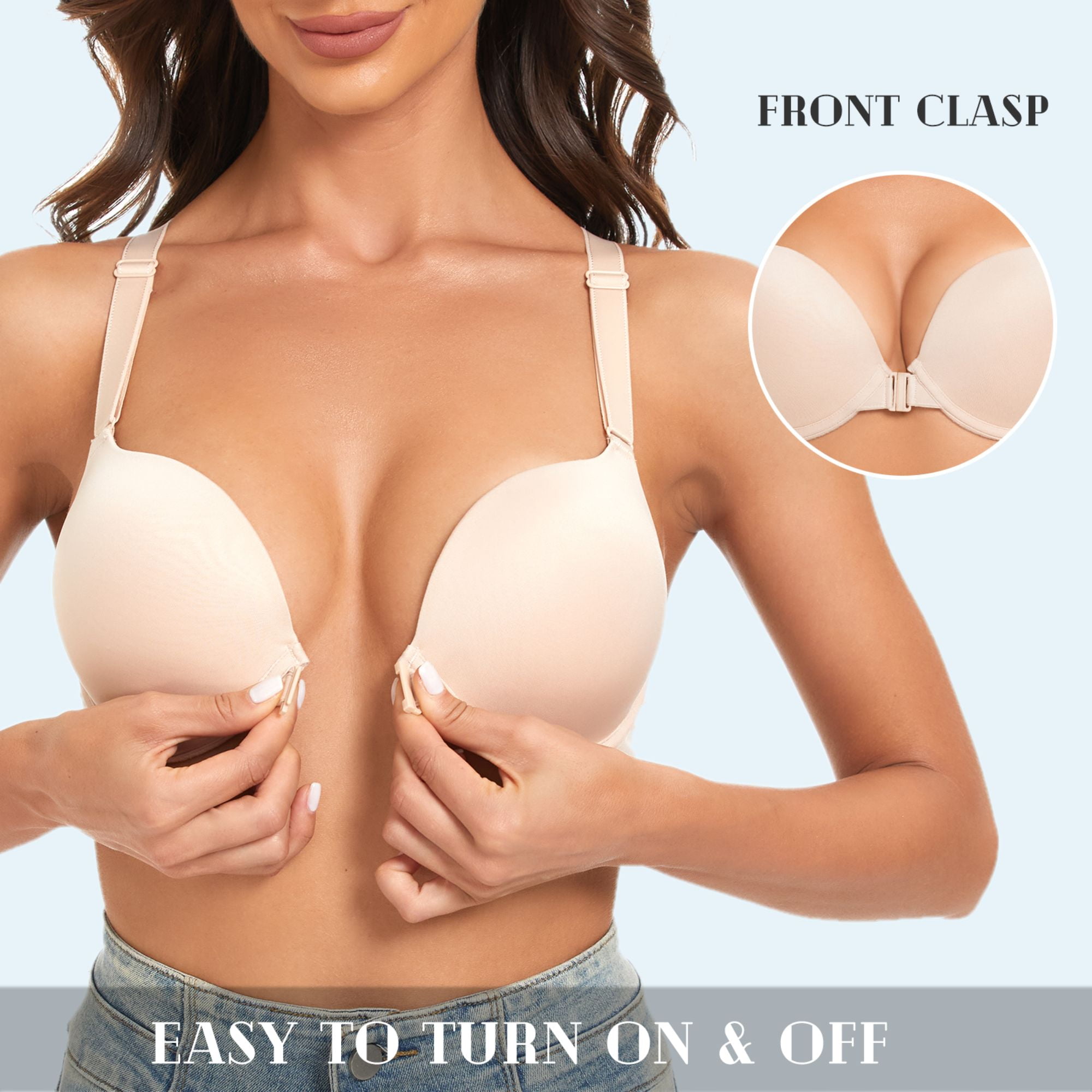 YANDW Women's Push Up Bra Racerback Front Closure Criss-Cross Padded T-Shirt Bras Underwire Plunge Add Cup, Beige 40A