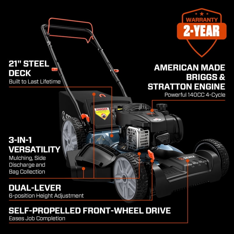 SENIX Self-Propelled Gas Lawn Mower, 21in Blade / 22in Deck, 140cc