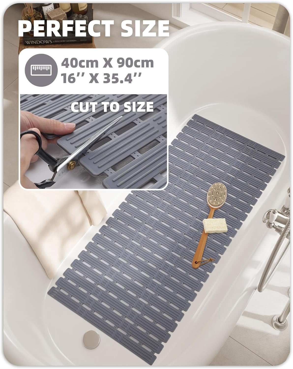 Shower Mat 16"x36", Extra Long Bathtub Mat Non Slip with Suction Cups, Bath Matts for Shower Floor/Inside Shower, Quick Dry, Easy Clean