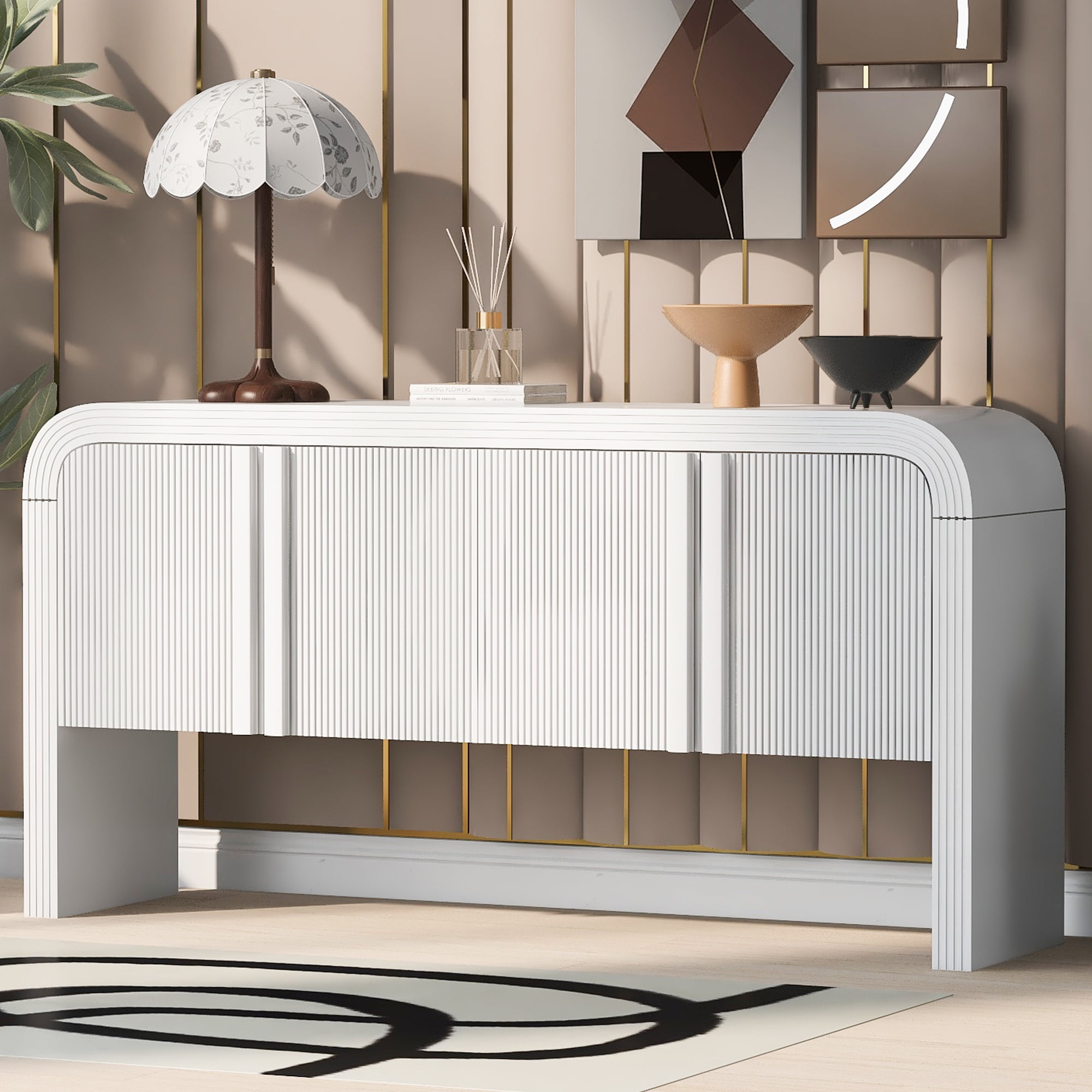 Aukfa 4-Door Striped Storage Cabinets, Sideboard Console Table for Hallway Living Room,White