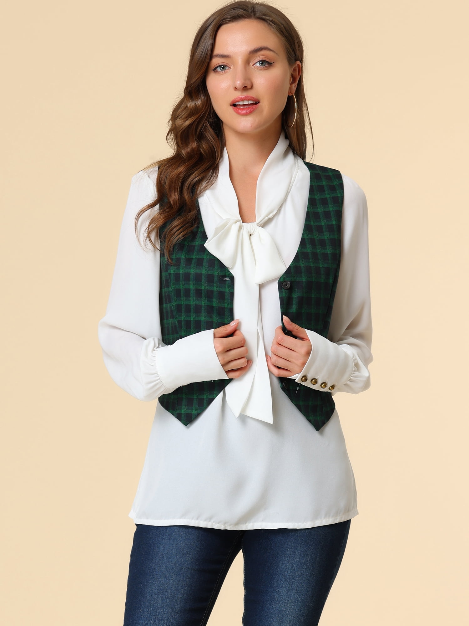 DARING DIVA Women's Cinched Waist Asymmetric Stretchy Plaid Jacket L Green