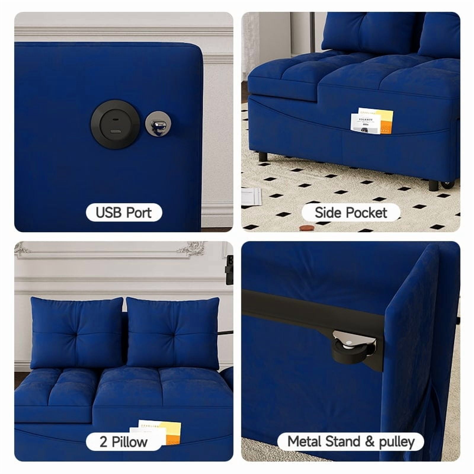 Leumius Folding Sofa Bed, 3 Lengths Available, Modern Sofa Velvet Pull-Out Bed, Loveseat with Adjustable Backrest, USB Port and Rotating Phone Holder, Blue.