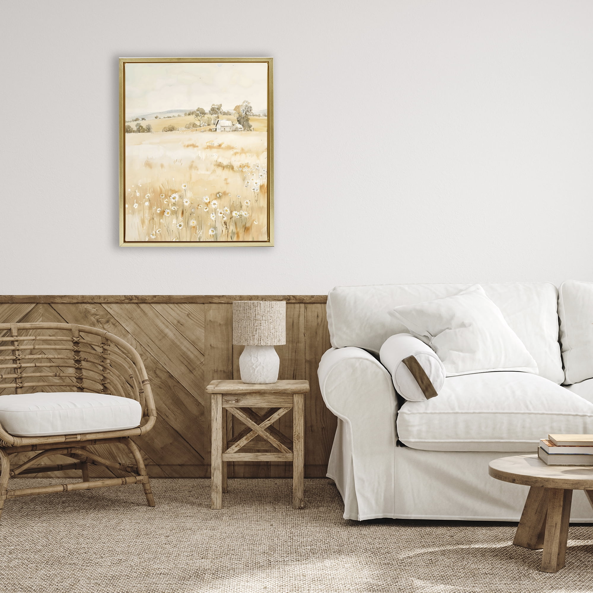 Stupell Industries Farm Country Meadow with Daisies Gold Framed Floater Canvas Wall Art, design by Creative Studio