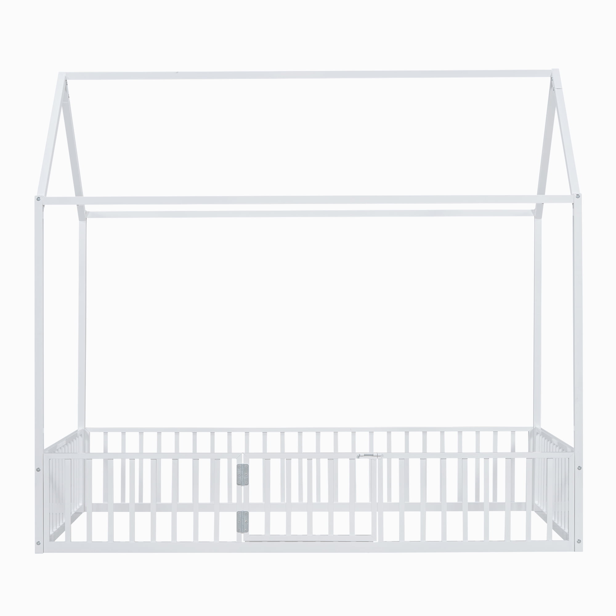 Euroco Metal Twin Size House Bed with Fence and Door for Kids, White